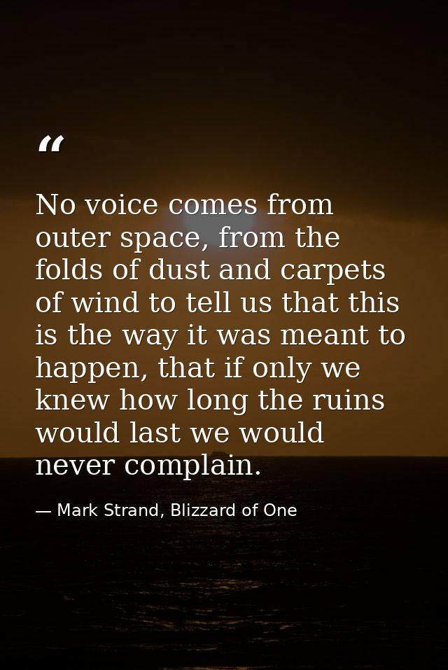 No voice comes from outer space, from the folds of dust and carpets of wind to tell us that this is the way it was meant — Mark Strand, Blizzard of One