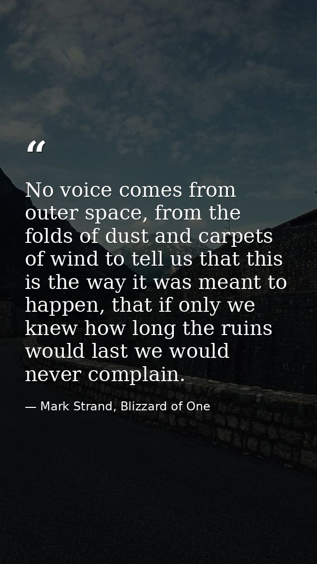 No voice comes from outer space, from the folds of dust and carpets of wind to tell us that this is the way it was meant — Mark Strand, Blizzard of One