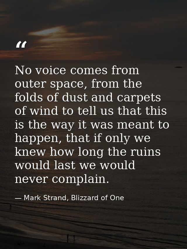No voice comes from outer space, from the folds of dust and carpets of wind to tell us that this is the way it was meant — Mark Strand, Blizzard of One