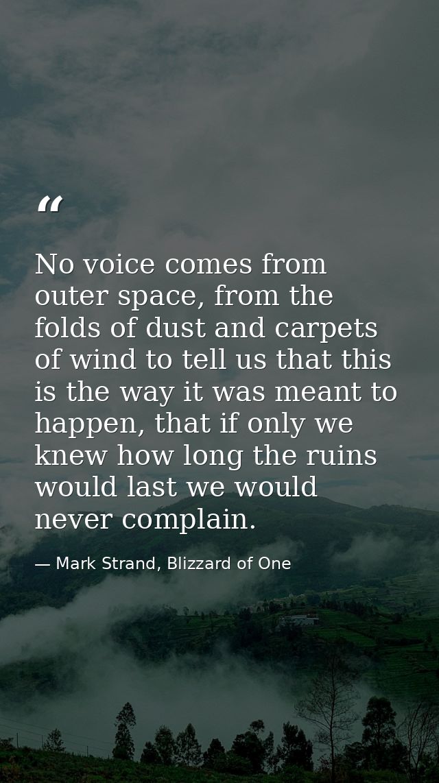 No voice comes from outer space, from the folds of dust and carpets of wind to tell us that this is the way it was meant — Mark Strand, Blizzard of One