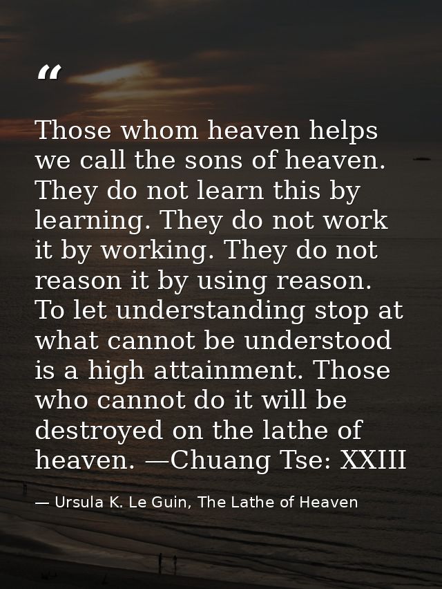 Those whom heaven helps we call the sons of heaven. They do not learn this by learning. They do not work it by working.  — Ursula K. Le Guin, The Lathe of Heaven