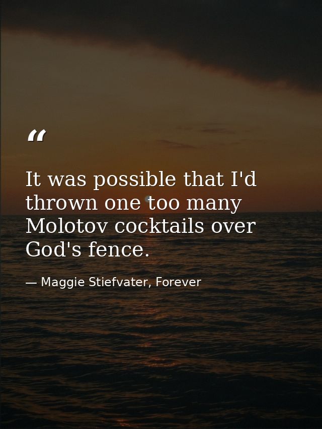 It was possible that I'd thrown one too many Molotov cocktails over God's fence. — Maggie Stiefvater, Forever