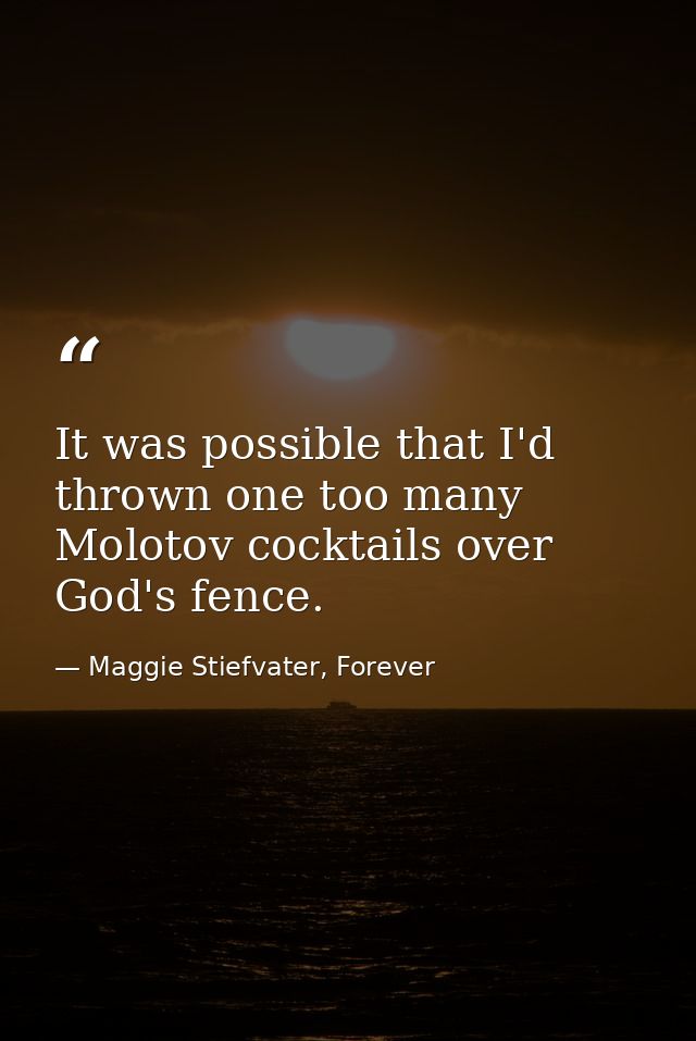 It was possible that I'd thrown one too many Molotov cocktails over God's fence. — Maggie Stiefvater, Forever