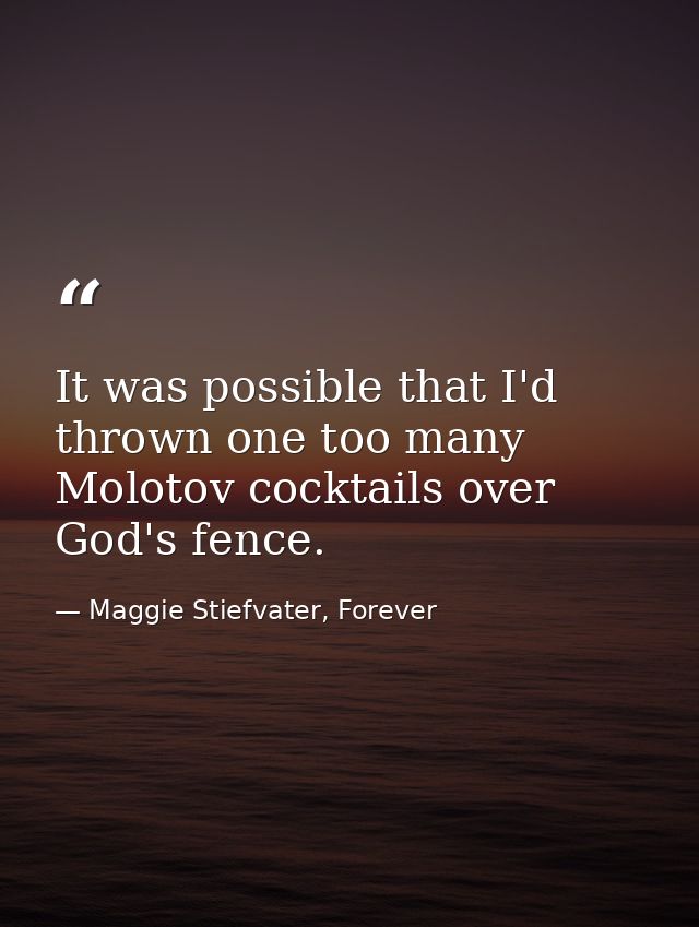 It was possible that I'd thrown one too many Molotov cocktails over God's fence. — Maggie Stiefvater, Forever