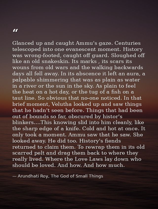 Glanced up and caught Ammu's gaze. Centuries telescoped into one evanescent moment. History was wrong-footed, caught off — Arundhati Roy, The God of Small Things