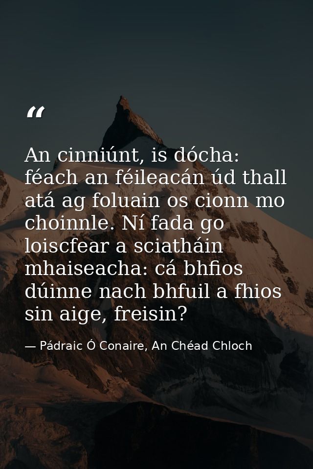 An cinniúnt, is dócha: féach an féileacán úd thall atá ag foluain os cionn mo choinnle. Ní fada go loiscfear a sciatháin — Pádraic Ó Conaire, An Chéad Chloch