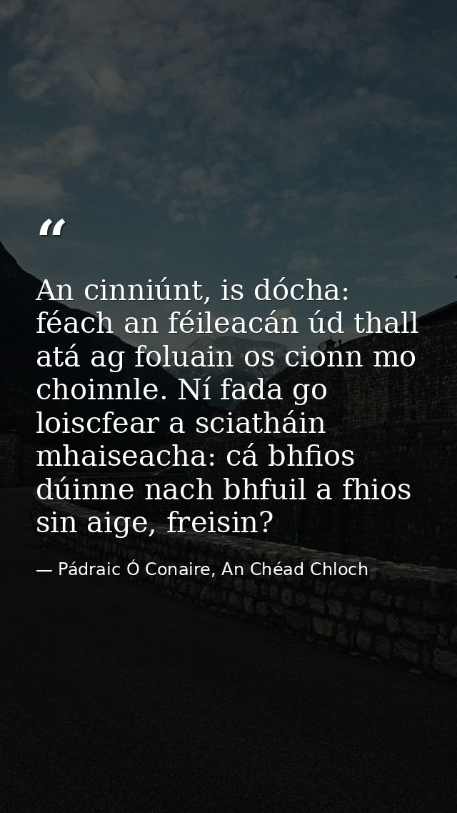 An cinniúnt, is dócha: féach an féileacán úd thall atá ag foluain os cionn mo choinnle. Ní fada go loiscfear a sciatháin — Pádraic Ó Conaire, An Chéad Chloch