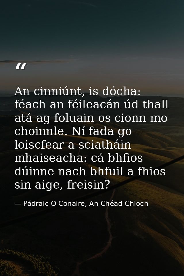 An cinniúnt, is dócha: féach an féileacán úd thall atá ag foluain os cionn mo choinnle. Ní fada go loiscfear a sciatháin — Pádraic Ó Conaire, An Chéad Chloch