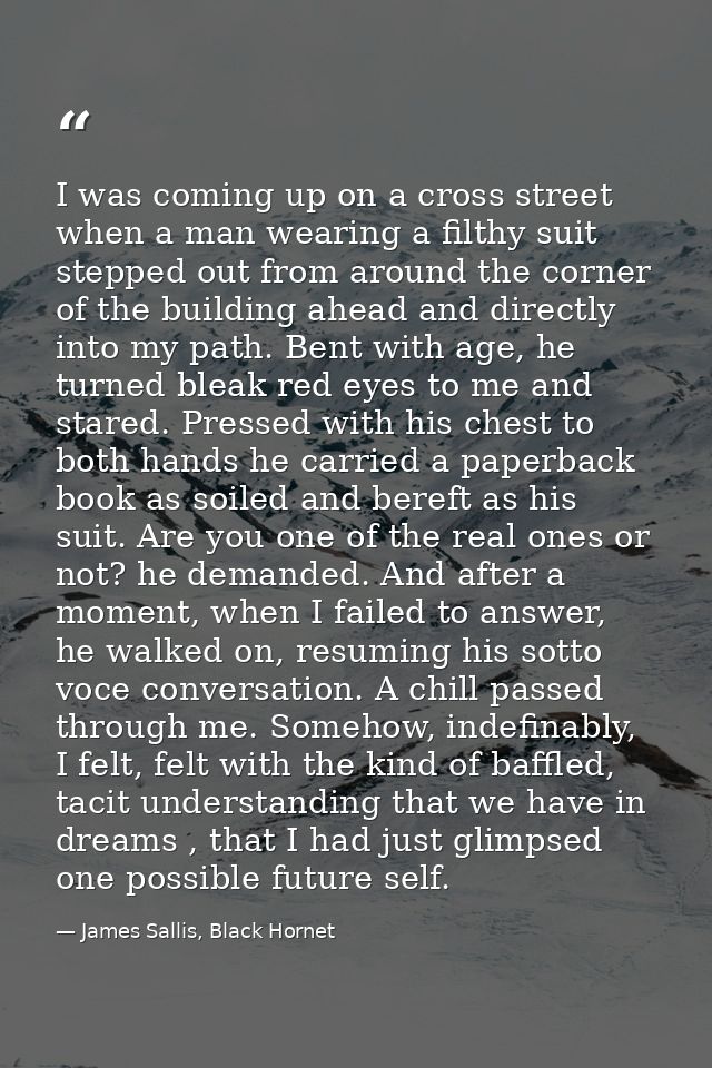 I was coming up on a cross street when a man wearing a filthy suit stepped out from around the corner of the building ah — James Sallis, Black Hornet