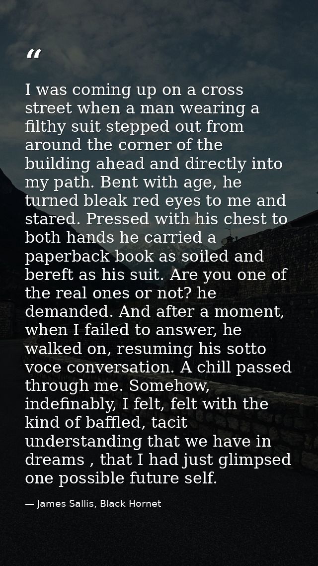 I was coming up on a cross street when a man wearing a filthy suit stepped out from around the corner of the building ah — James Sallis, Black Hornet