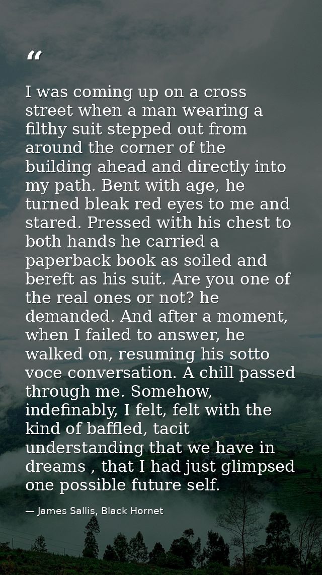 I was coming up on a cross street when a man wearing a filthy suit stepped out from around the corner of the building ah — James Sallis, Black Hornet