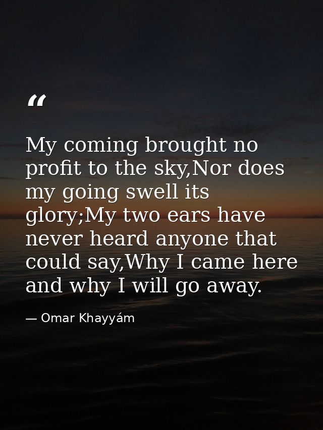 My coming brought no profit to the sky,Nor does my going swell its glory;My two ears have never heard anyone that could  — Omar Khayyám