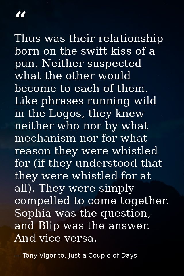 Thus was their relationship born on the swift kiss of a pun. Neither suspected what the other would become to each of th — Tony Vigorito, Just a Couple of Days