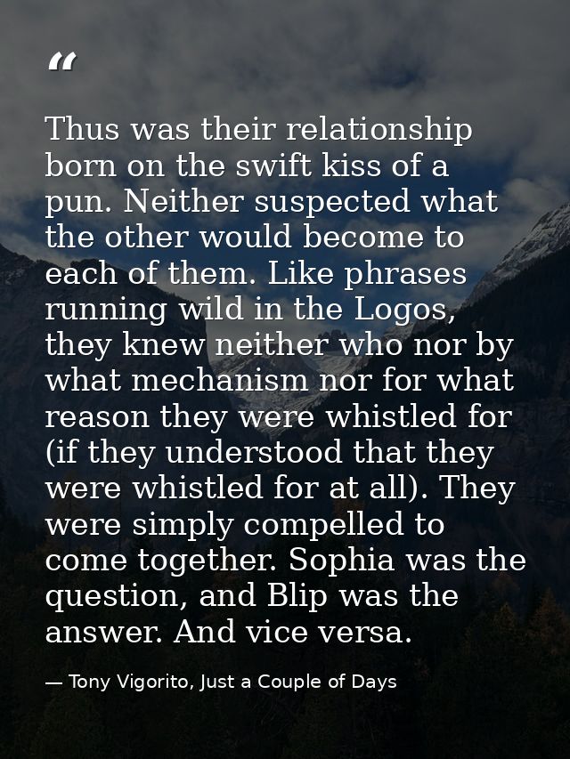Thus was their relationship born on the swift kiss of a pun. Neither suspected what the other would become to each of th — Tony Vigorito, Just a Couple of Days