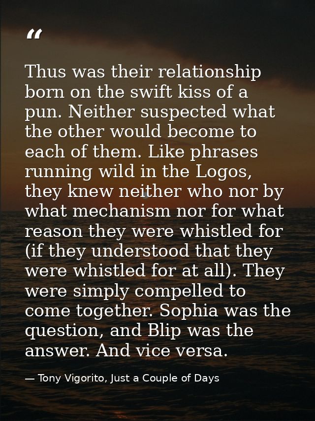 Thus was their relationship born on the swift kiss of a pun. Neither suspected what the other would become to each of th — Tony Vigorito, Just a Couple of Days