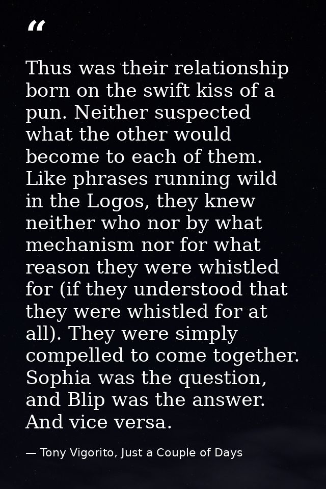 Thus was their relationship born on the swift kiss of a pun. Neither suspected what the other would become to each of th — Tony Vigorito, Just a Couple of Days