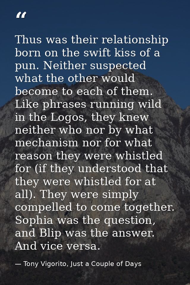 Thus was their relationship born on the swift kiss of a pun. Neither suspected what the other would become to each of th — Tony Vigorito, Just a Couple of Days