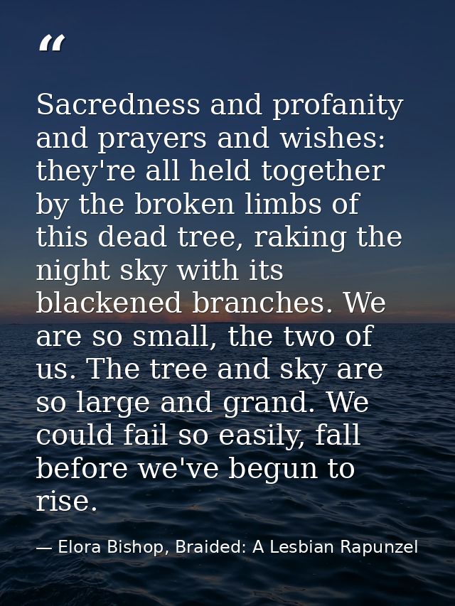 Sacredness and profanity and prayers and wishes: they're all held together by the broken limbs of this dead tree, raking — Elora Bishop, Braided: A Lesbian Rapunzel