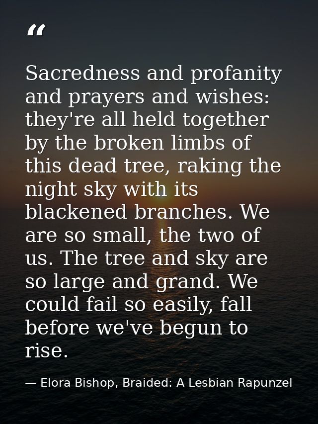 Sacredness and profanity and prayers and wishes: they're all held together by the broken limbs of this dead tree, raking — Elora Bishop, Braided: A Lesbian Rapunzel