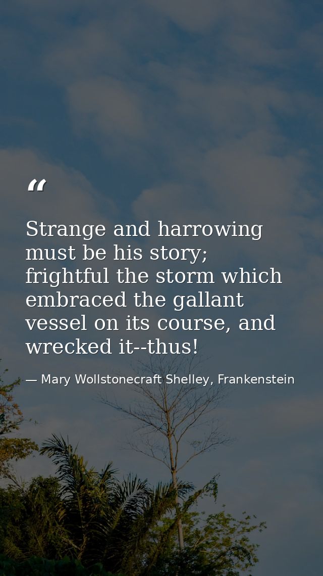 Strange and harrowing must be his story; frightful the storm which embraced the gallant vessel on its course, and wrecke — Mary Wollstonecraft Shelley, Frankenstein