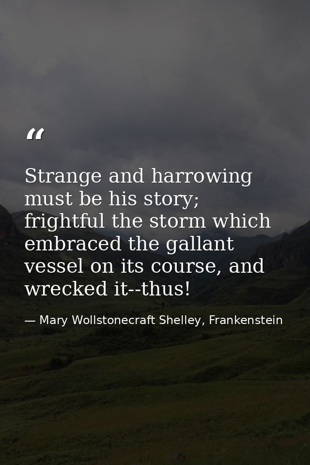 Strange and harrowing must be his story; frightful the storm which embraced the gallant vessel on its course, and wrecke — Mary Wollstonecraft Shelley, Frankenstein