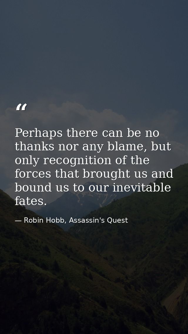 Perhaps there can be no thanks nor any blame, but only recognition of the forces that brought us and bound us to our ine — Robin Hobb, Assassin's Quest