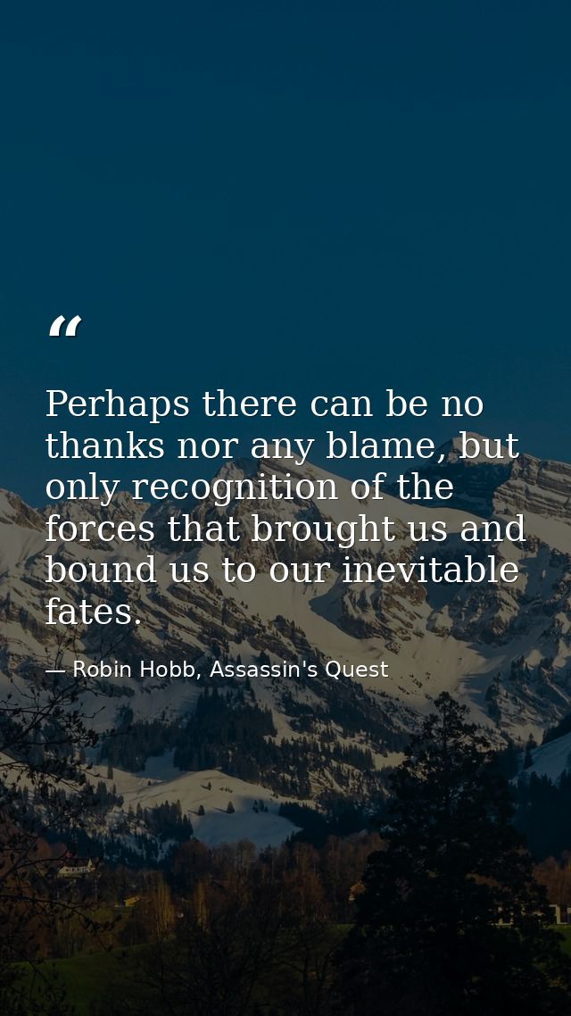 Perhaps there can be no thanks nor any blame, but only recognition of the forces that brought us and bound us to our ine — Robin Hobb, Assassin's Quest