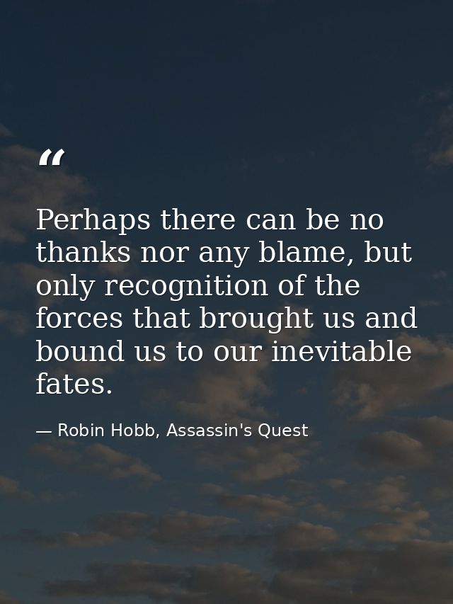 Perhaps there can be no thanks nor any blame, but only recognition of the forces that brought us and bound us to our ine — Robin Hobb, Assassin's Quest