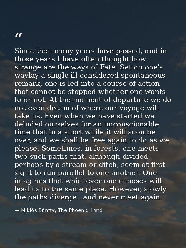 Since then many years have passed, and in those years I have often thought how strange are the ways of Fate. Set on one' — Miklós Bánffy, The Phoenix Land