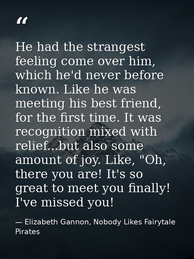 He had the strangest feeling come over him, which he'd never before known. Like he was meeting his best friend, for the  — Elizabeth Gannon, Nobody Likes Fairytale Pirates