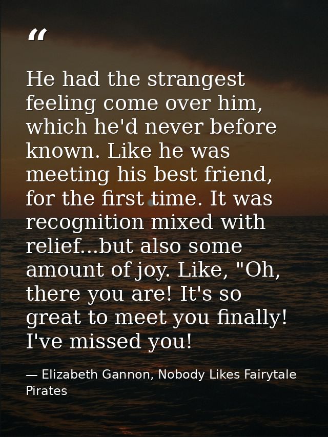 He had the strangest feeling come over him, which he'd never before known. Like he was meeting his best friend, for the  — Elizabeth Gannon, Nobody Likes Fairytale Pirates