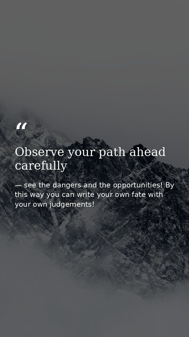 Observe your path ahead carefully — see the dangers and the opportunities! By this way you can write your own fate with your own judgements!