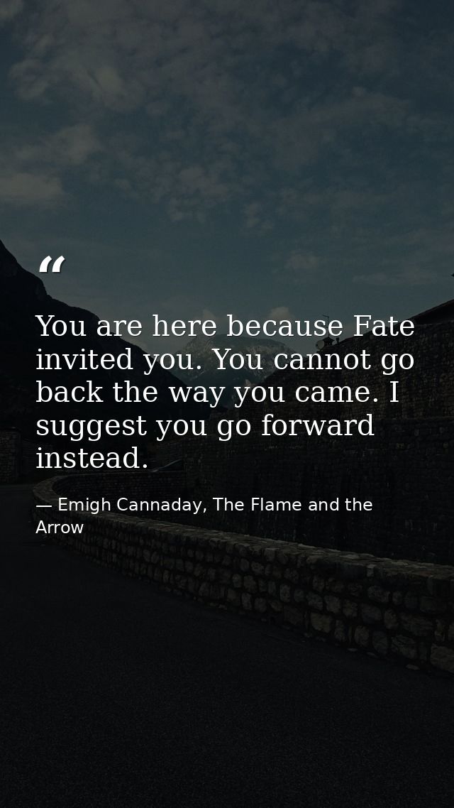 You are here because Fate invited you. You cannot go back the way you came. I suggest you go forward instead. — Emigh Cannaday, The Flame and the Arrow