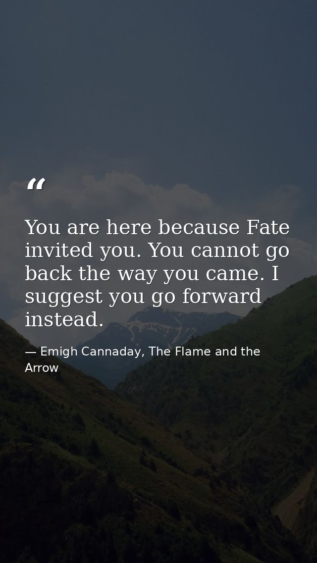 You are here because Fate invited you. You cannot go back the way you came. I suggest you go forward instead. — Emigh Cannaday, The Flame and the Arrow
