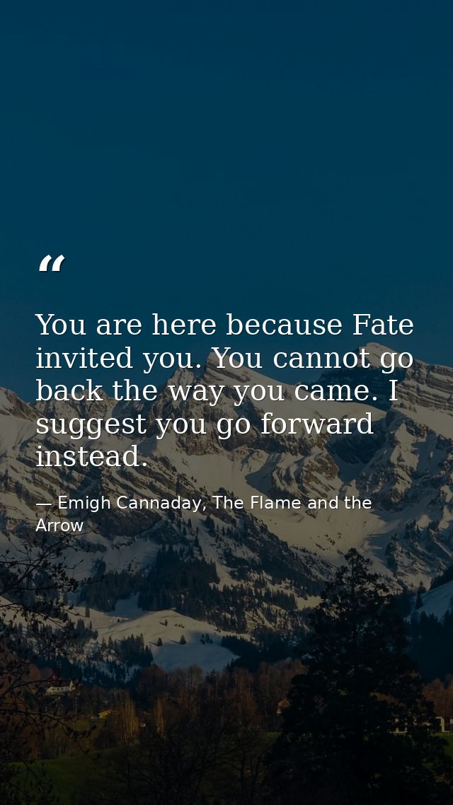 You are here because Fate invited you. You cannot go back the way you came. I suggest you go forward instead. — Emigh Cannaday, The Flame and the Arrow