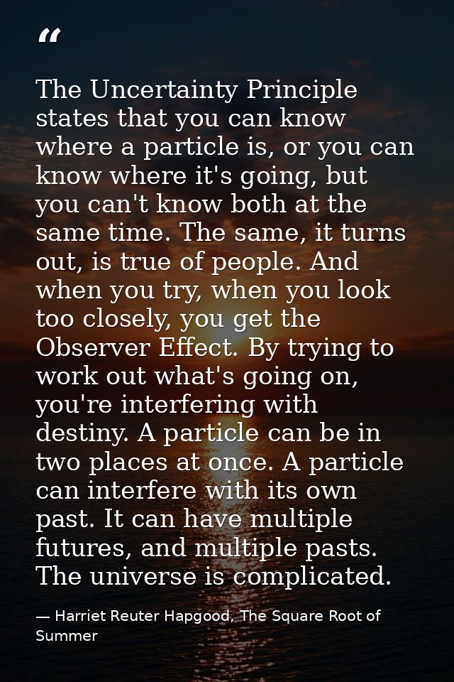 The Uncertainty Principle states that you can know where a particle is, or you can know where it's going, but you can't  — Harriet Reuter Hapgood, The Square Root of Summer