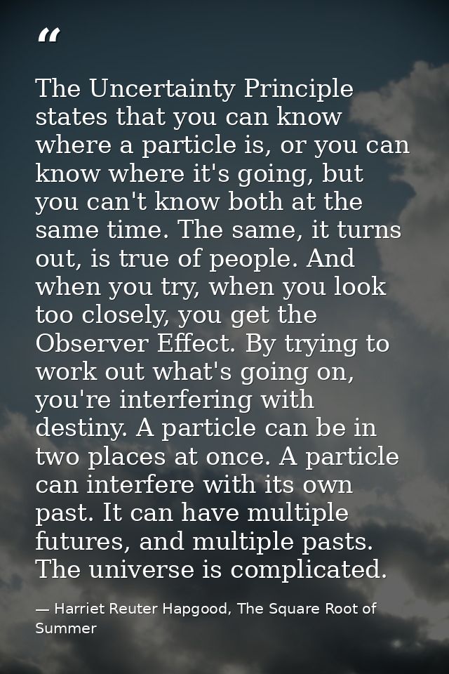 The Uncertainty Principle states that you can know where a particle is, or you can know where it's going, but you can't  — Harriet Reuter Hapgood, The Square Root of Summer