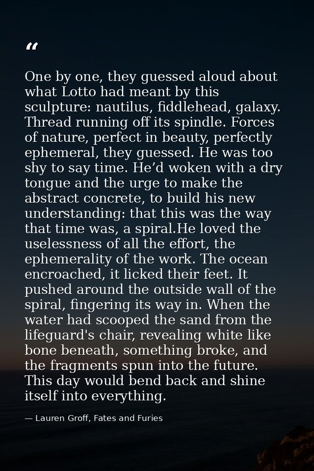 One by one, they guessed aloud about what Lotto had meant by this sculpture: nautilus, fiddlehead, galaxy. Thread runnin — Lauren Groff, Fates and Furies