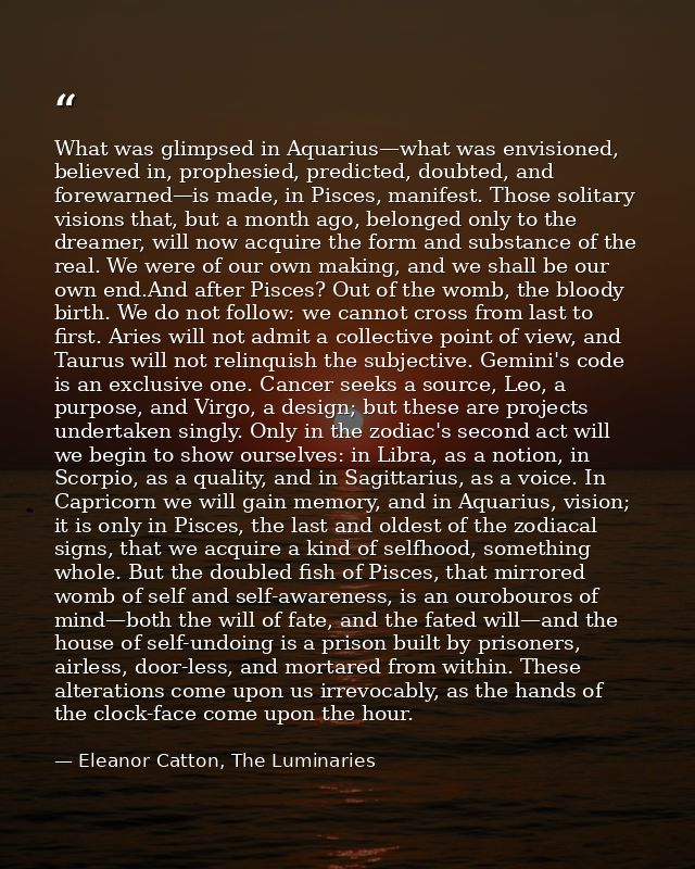 What was glimpsed in Aquarius—what was envisioned, believed in, prophesied, predicted, doubted, and forewarned—is made,  — Eleanor Catton, The Luminaries