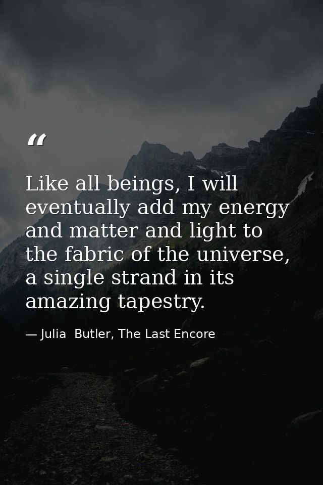 Like all beings, I will eventually add my energy and matter and light to the fabric of the universe, a single strand in  — Julia  Butler, The Last Encore