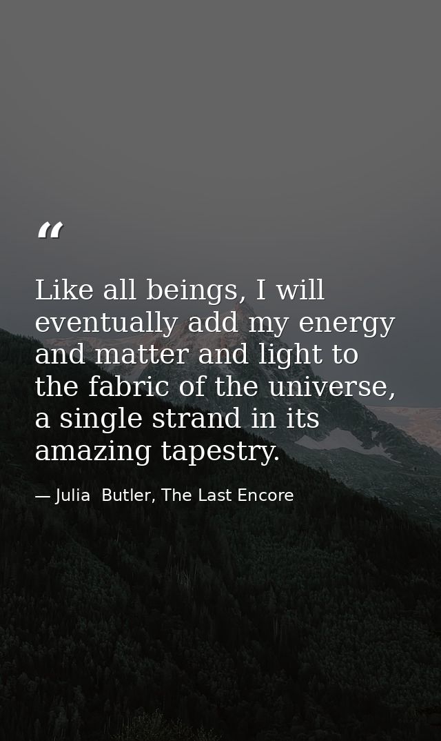 Like all beings, I will eventually add my energy and matter and light to the fabric of the universe, a single strand in  — Julia  Butler, The Last Encore