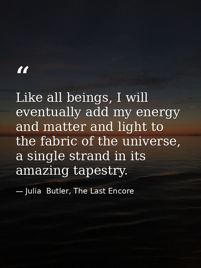 Like all beings, I will eventually add my energy and matter and light to the fabric of the universe, a single strand in  — Julia  Butler, The Last Encore
