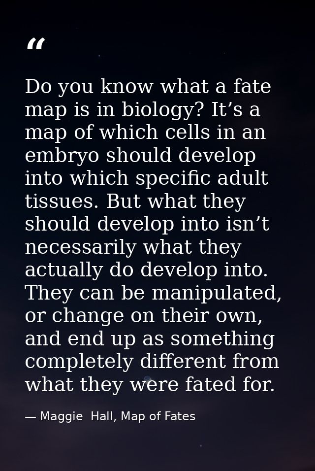 Do you know what a fate map is in biology? It’s a map of which cells in an embryo should develop into which specific adu — Maggie  Hall, Map of Fates