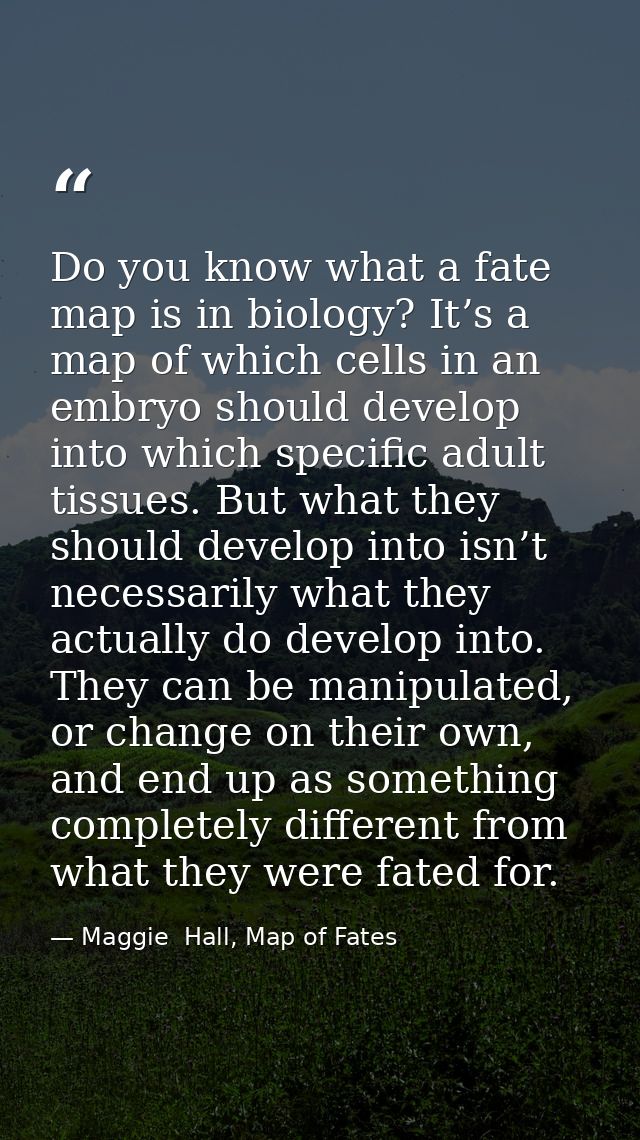 Do you know what a fate map is in biology? It’s a map of which cells in an embryo should develop into which specific adu — Maggie  Hall, Map of Fates