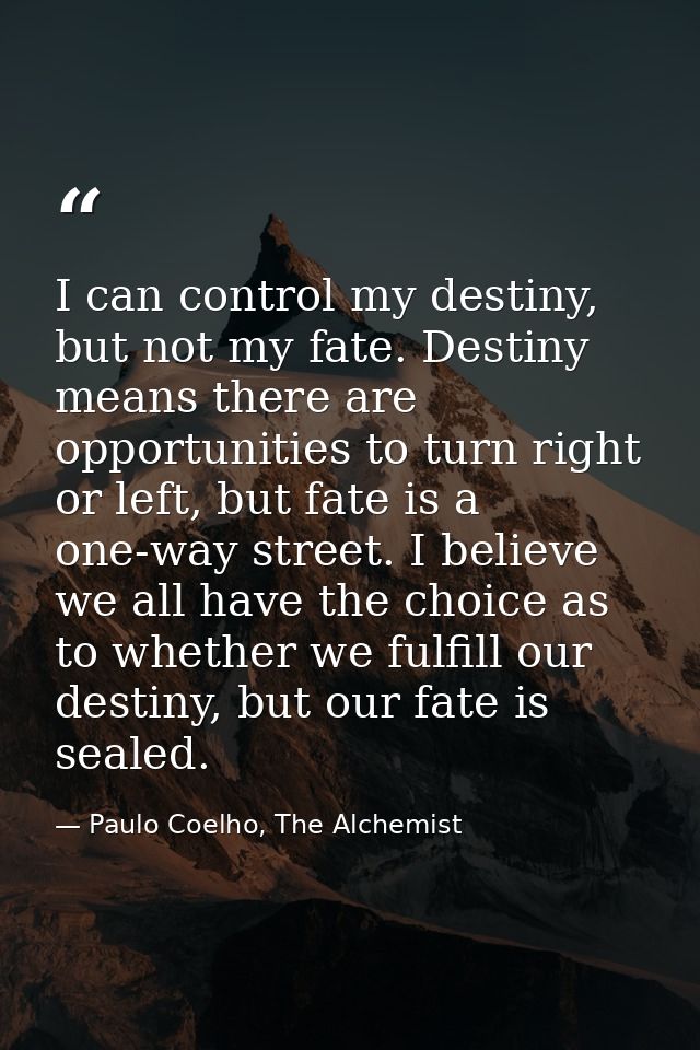 I can control my destiny, but not my fate. Destiny means there are opportunities to turn right or left, but fate is a on — Paulo Coelho, The Alchemist