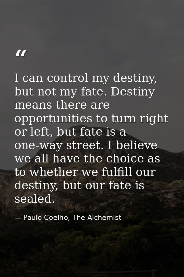 I can control my destiny, but not my fate. Destiny means there are opportunities to turn right or left, but fate is a on — Paulo Coelho, The Alchemist