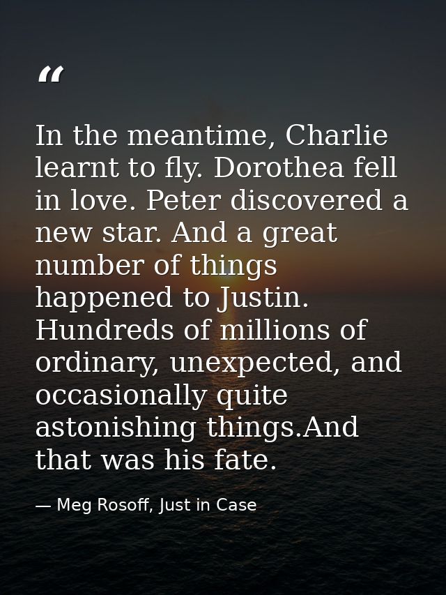 In the meantime, Charlie learnt to fly. Dorothea fell in love. Peter discovered a new star. And a great number of things — Meg Rosoff, Just in Case