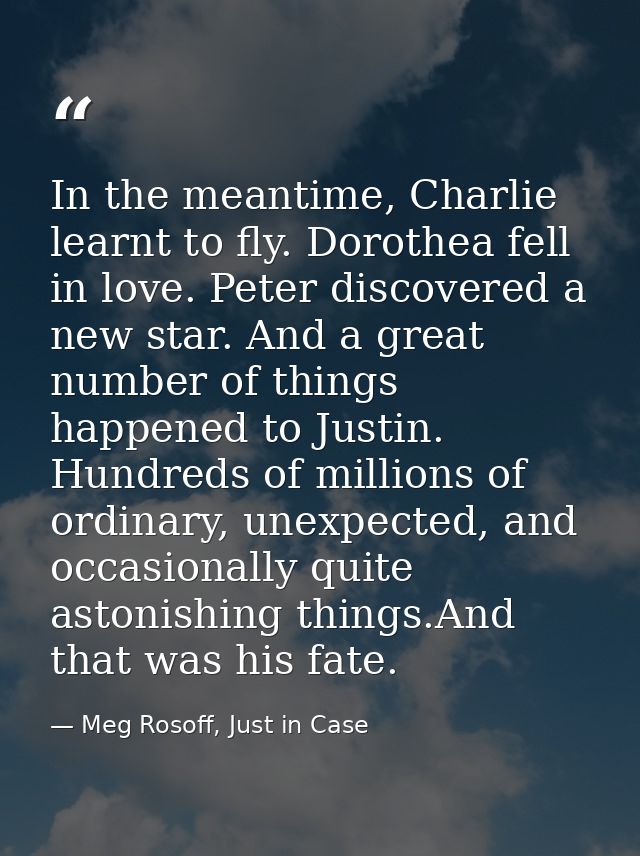 In the meantime, Charlie learnt to fly. Dorothea fell in love. Peter discovered a new star. And a great number of things — Meg Rosoff, Just in Case