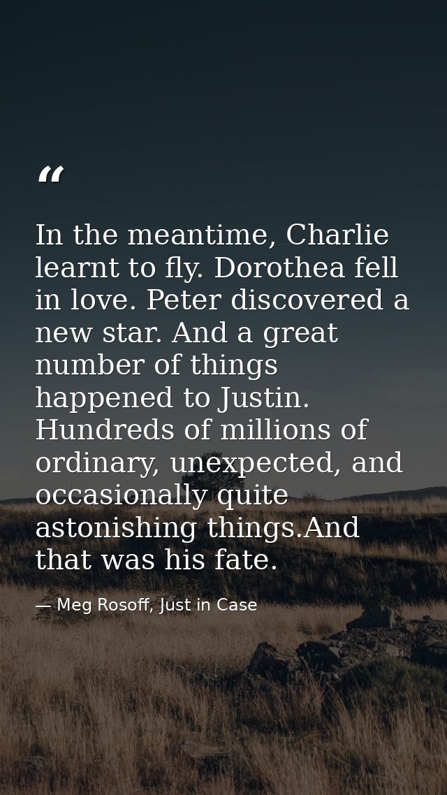 In the meantime, Charlie learnt to fly. Dorothea fell in love. Peter discovered a new star. And a great number of things — Meg Rosoff, Just in Case