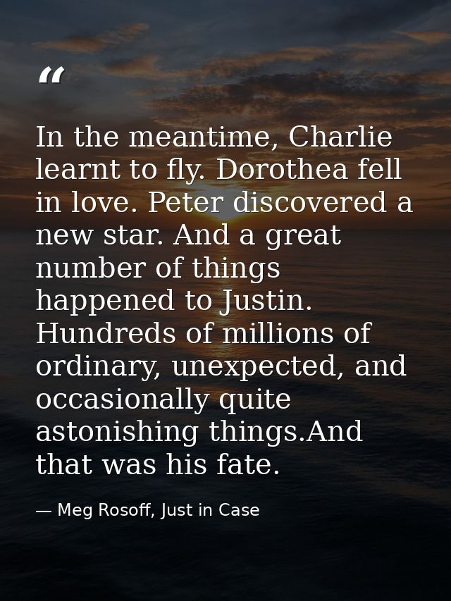 In the meantime, Charlie learnt to fly. Dorothea fell in love. Peter discovered a new star. And a great number of things — Meg Rosoff, Just in Case